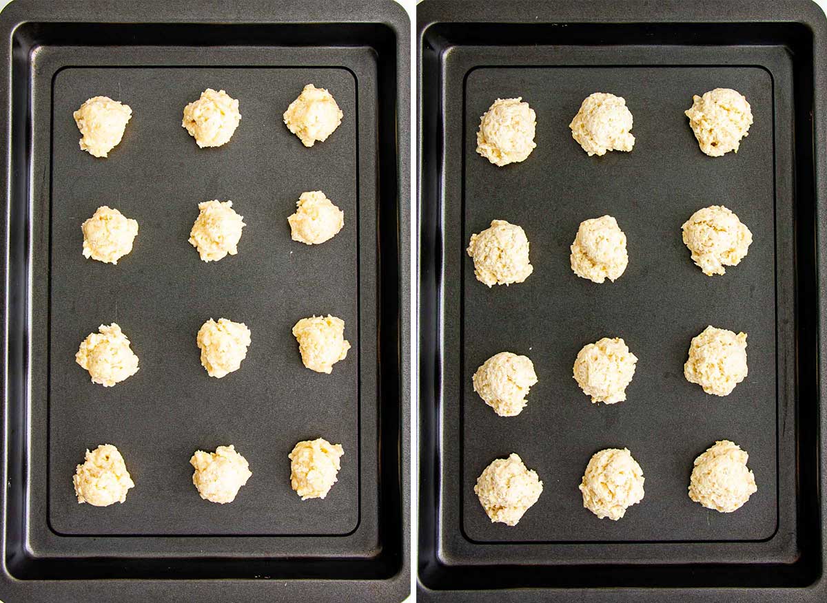 coconut macadamia cookies before and after baking on baking sheets.