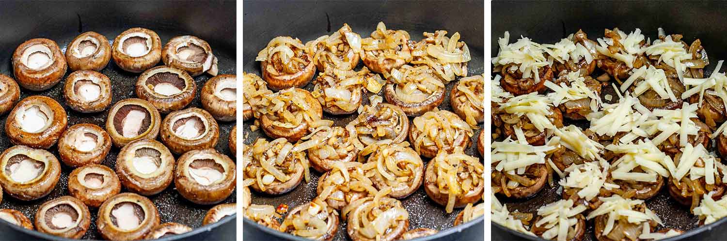 process shots showing how to make french onion stuffed mushrooms.