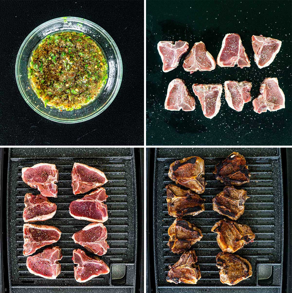 detailed process shots showing how to grill lamb chops and make garlic mint sauce
