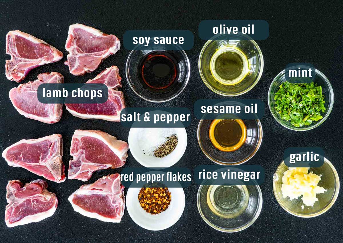 overhead shot of all the ingredients needed to make lamb chops with garlic mint sauce