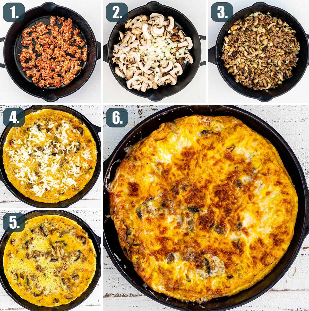 process shots showing how to make sausage frittata.