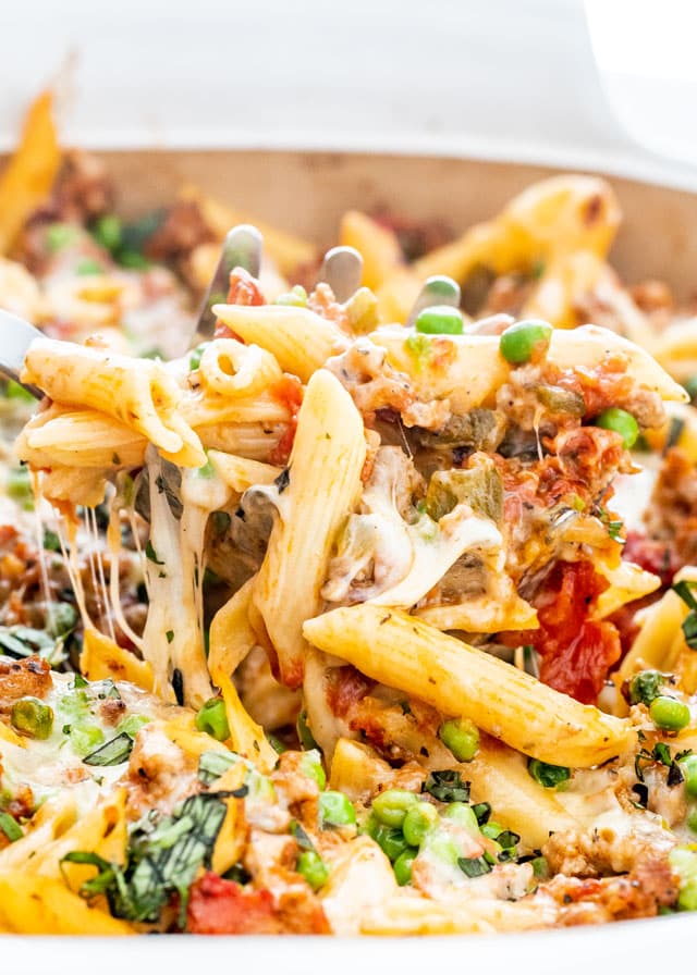 Baked Penne with Italian Sausage in a casserole dish