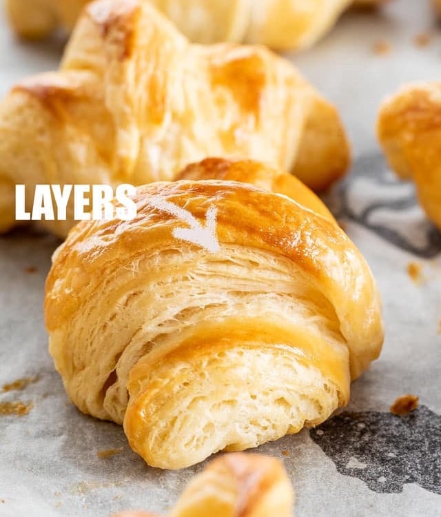close up of the layers on the homemade croissant