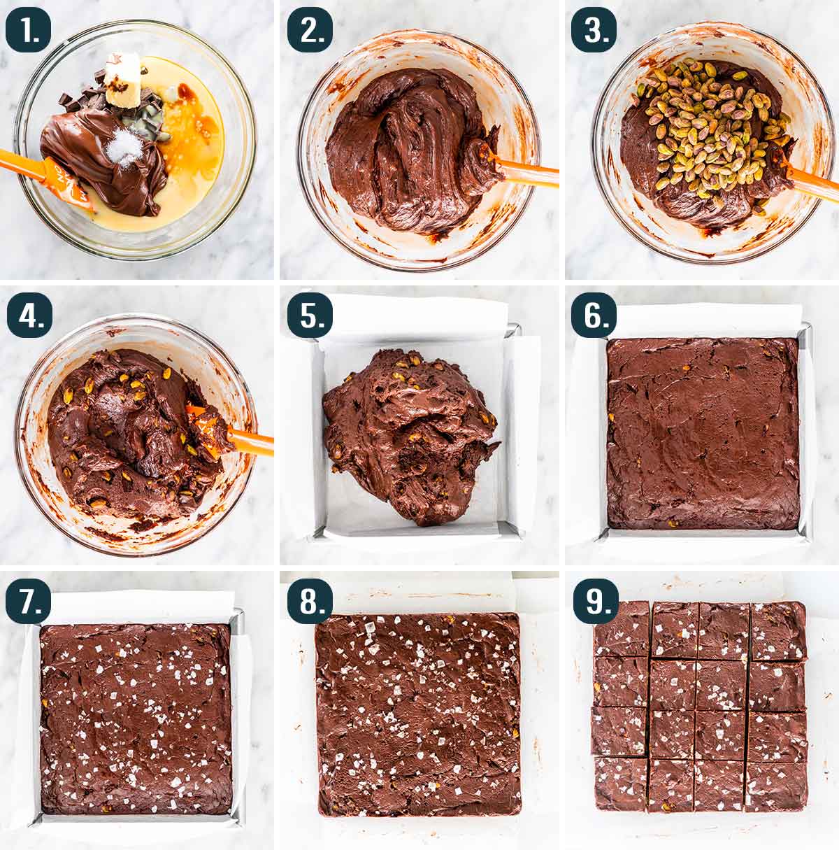process shots showing how to make nutella fudge with pistachios and sea salt