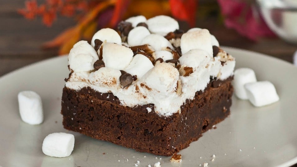 Close up shot of a Rocky Road Brownie
