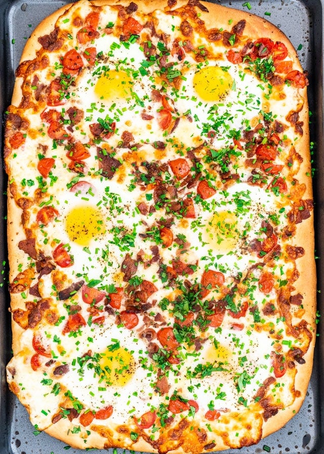 Breakfast Pizza on a baking sheet