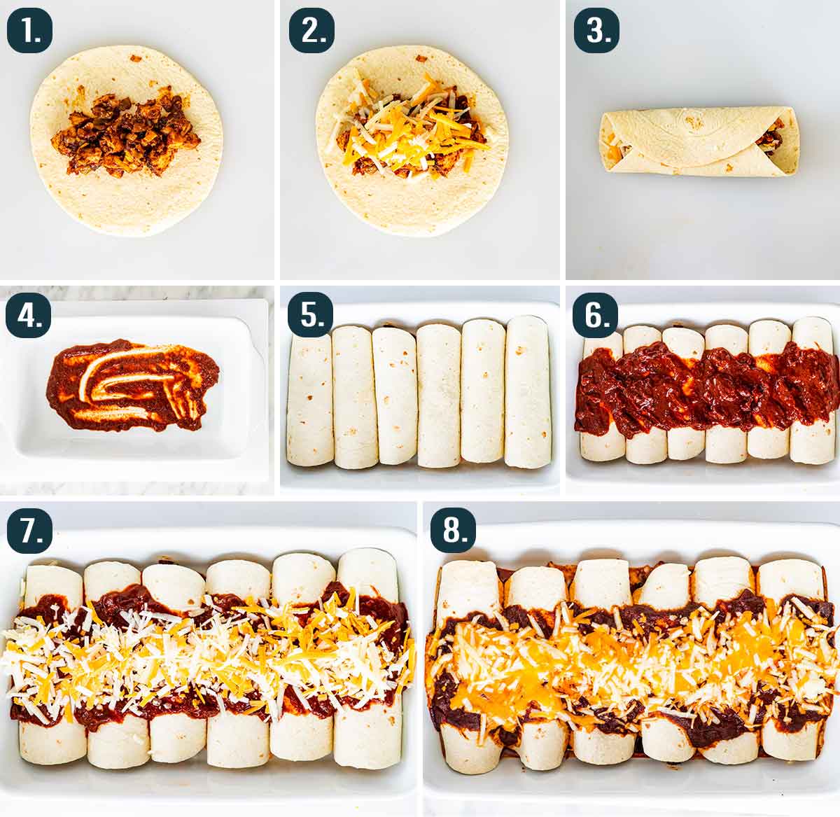 process shots showing how to assemble chicken enchiladas and how to bake them