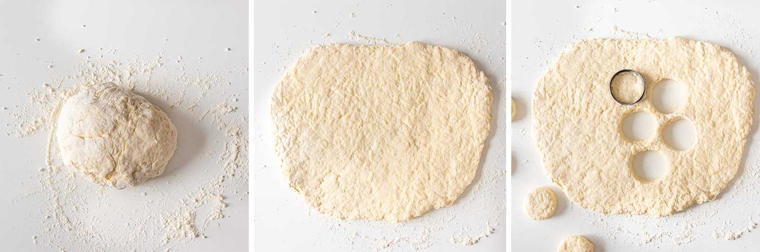 process shots showing how to make mozzarella biscuits.