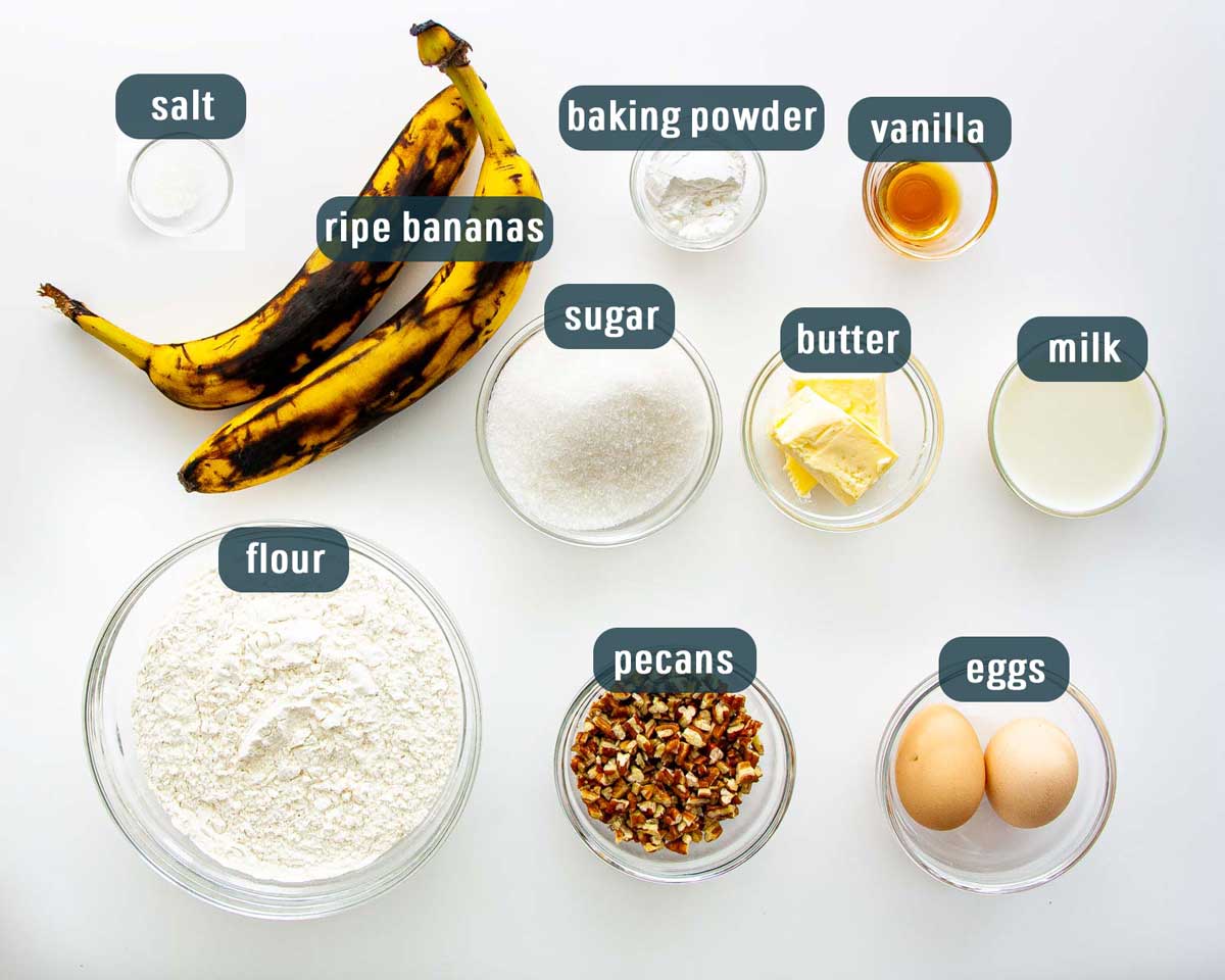 overhead shot of all the ingredients needed to make banana nut muffins
