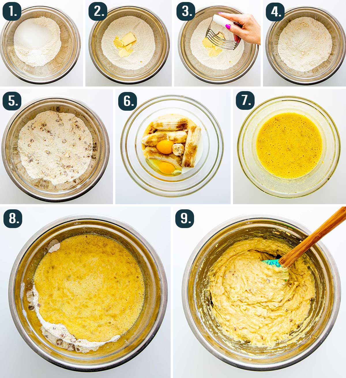 detailed process shots showing how to make banana nut muffins batter