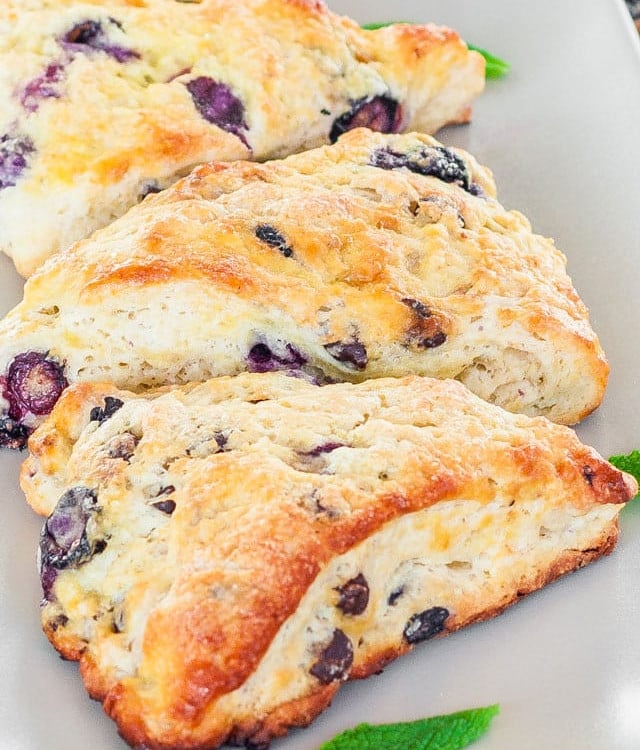 three blueberry and chocolate chip scones on a plate