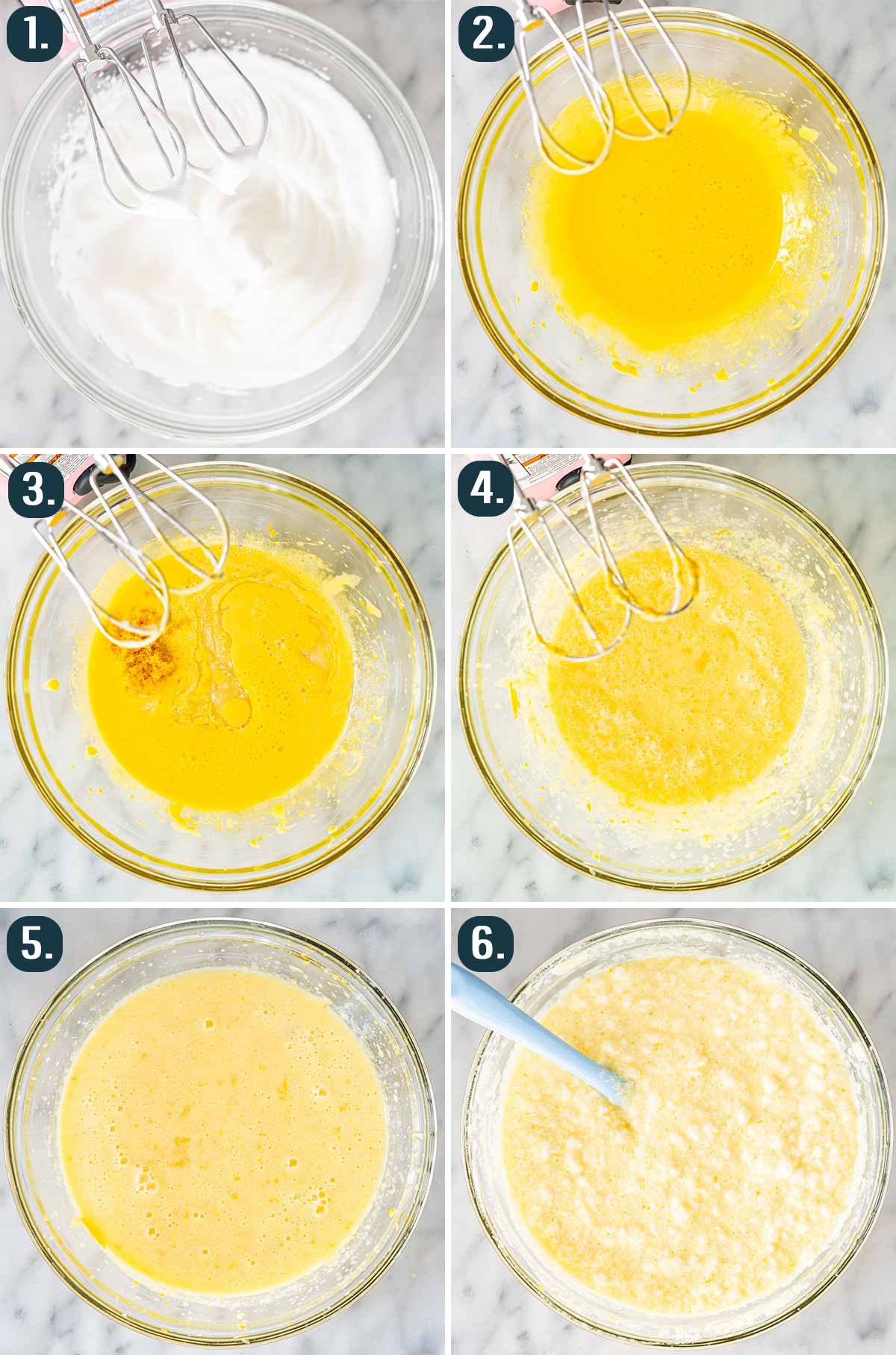 process shots showing how to make the batter for lemon pudding cakes.