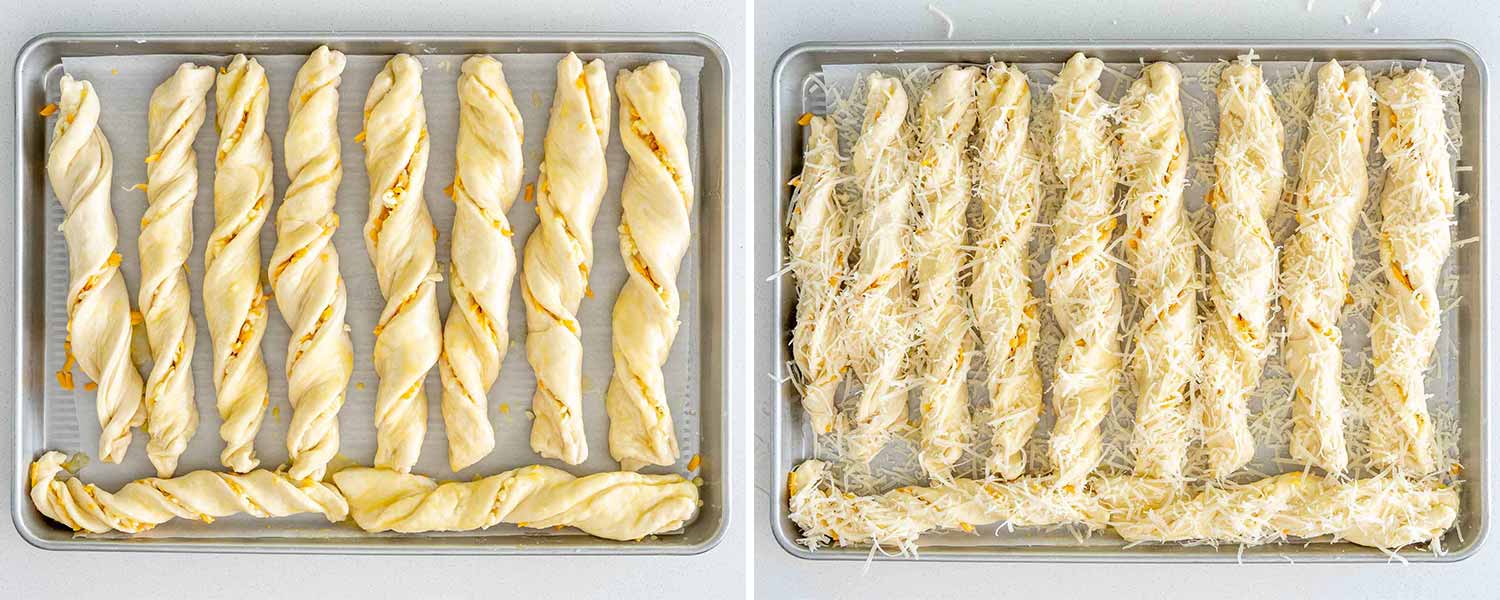 process shots showing how to make cheesy breadsticks.