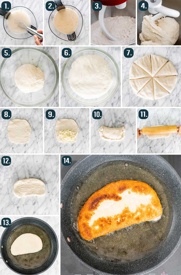 process shots showing how to make feta fry bread