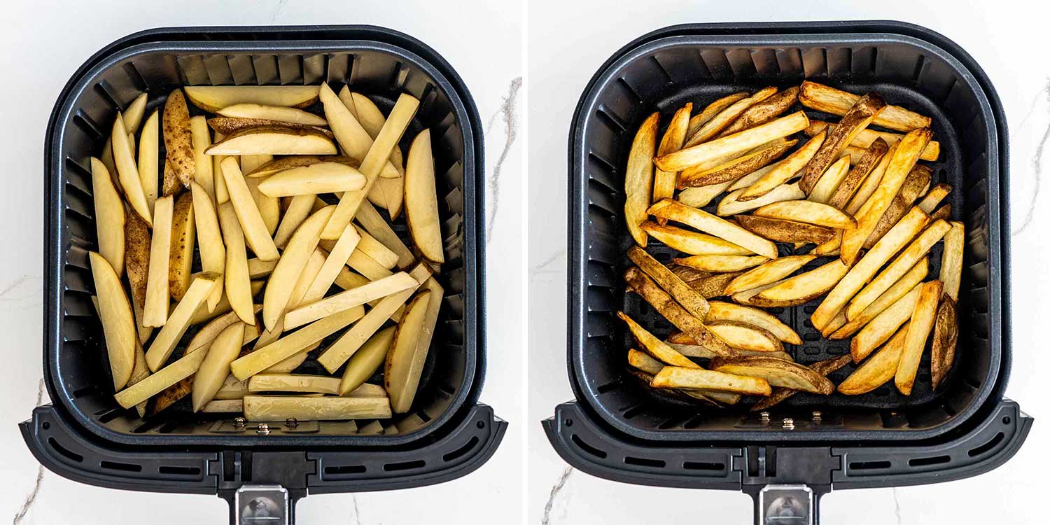 process shots showing how to air fry potato fries.