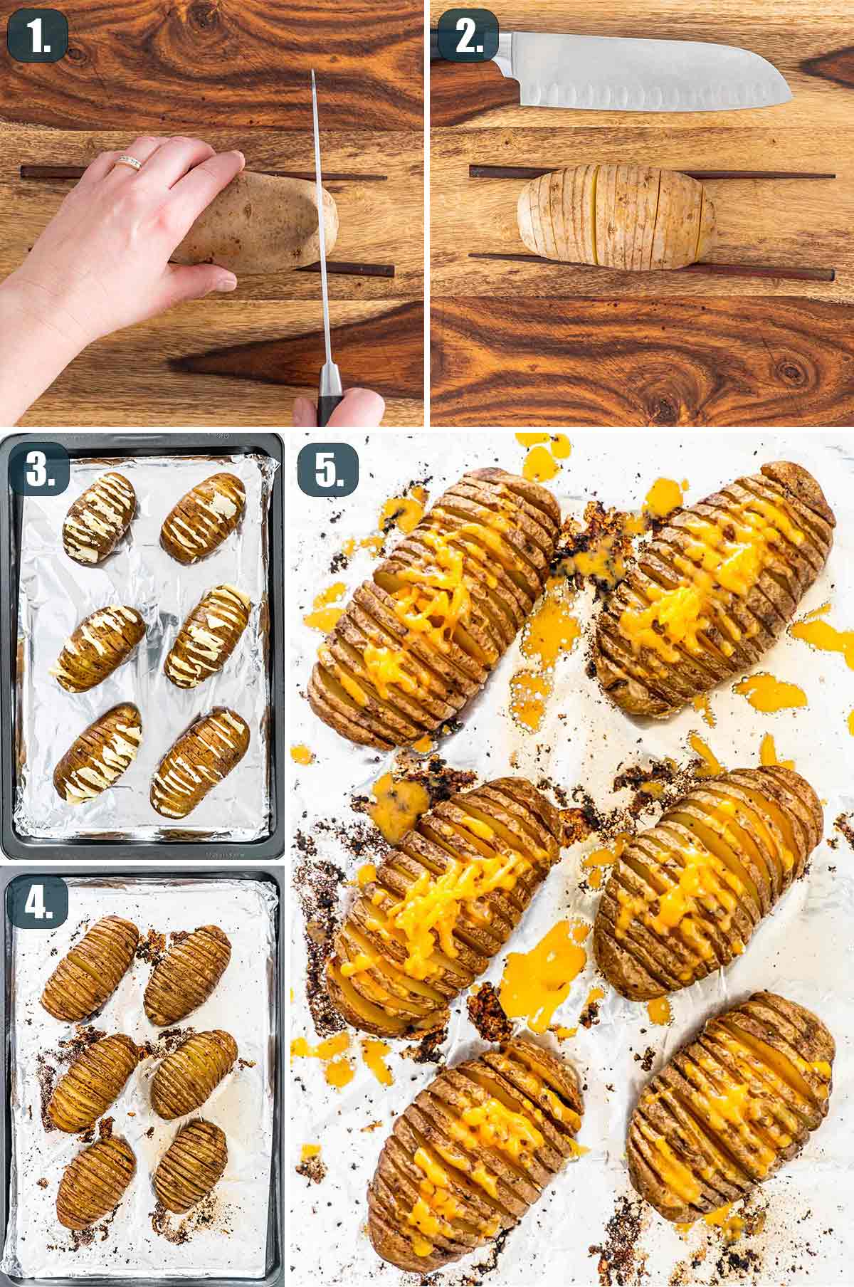 detailed process shots showing how to make hasselback potatoes.