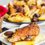 a plate of rosemary lemon chicken, potatoes and mushrooms