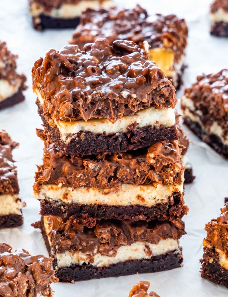 3 triple layer brownies stacked on top of one another
