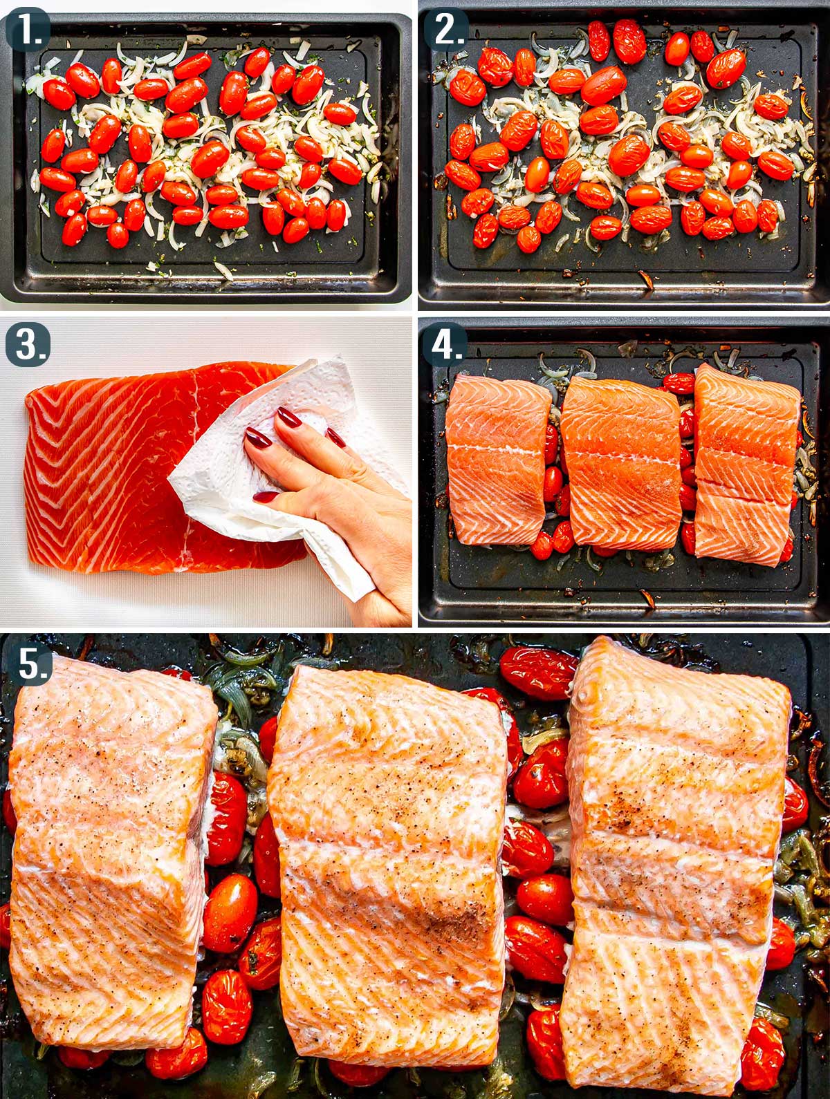 detailed process shots showing how to make baked salmon with roasted tomatoes.