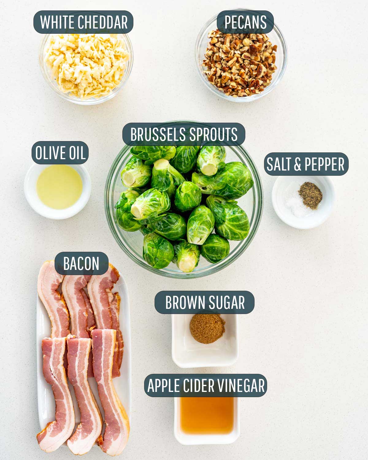 overhead shot of ingredients needed to make brussels sprouts salad.