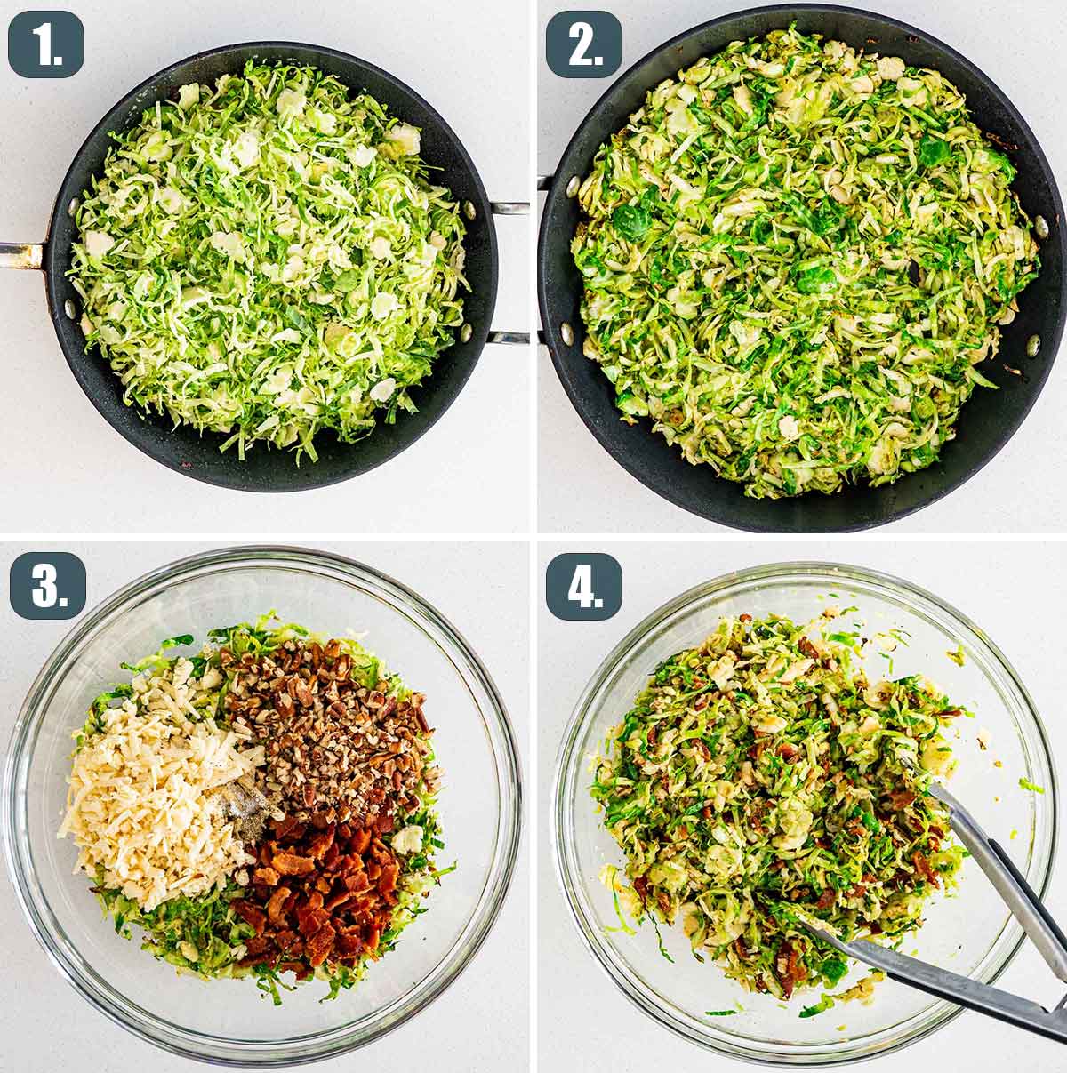 detailed process shots showing how to make brussels sprouts salad.