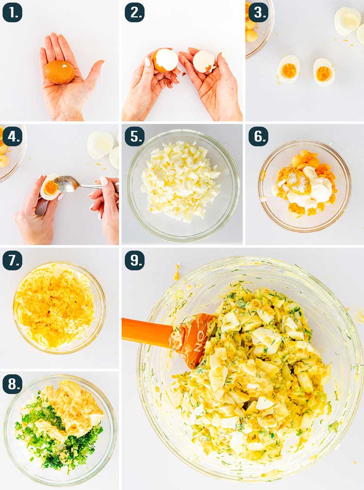 process shots showing how to make egg salad