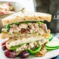 side view shot of two halves of a chicken salad sandwich stacked on a plate exposing the centers