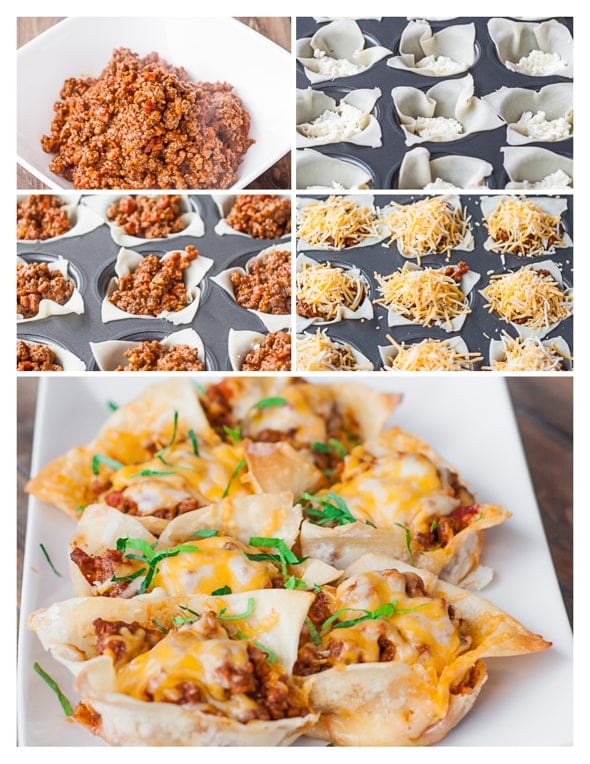 Collage of step shots showing how to make Mini Lasagna Cups