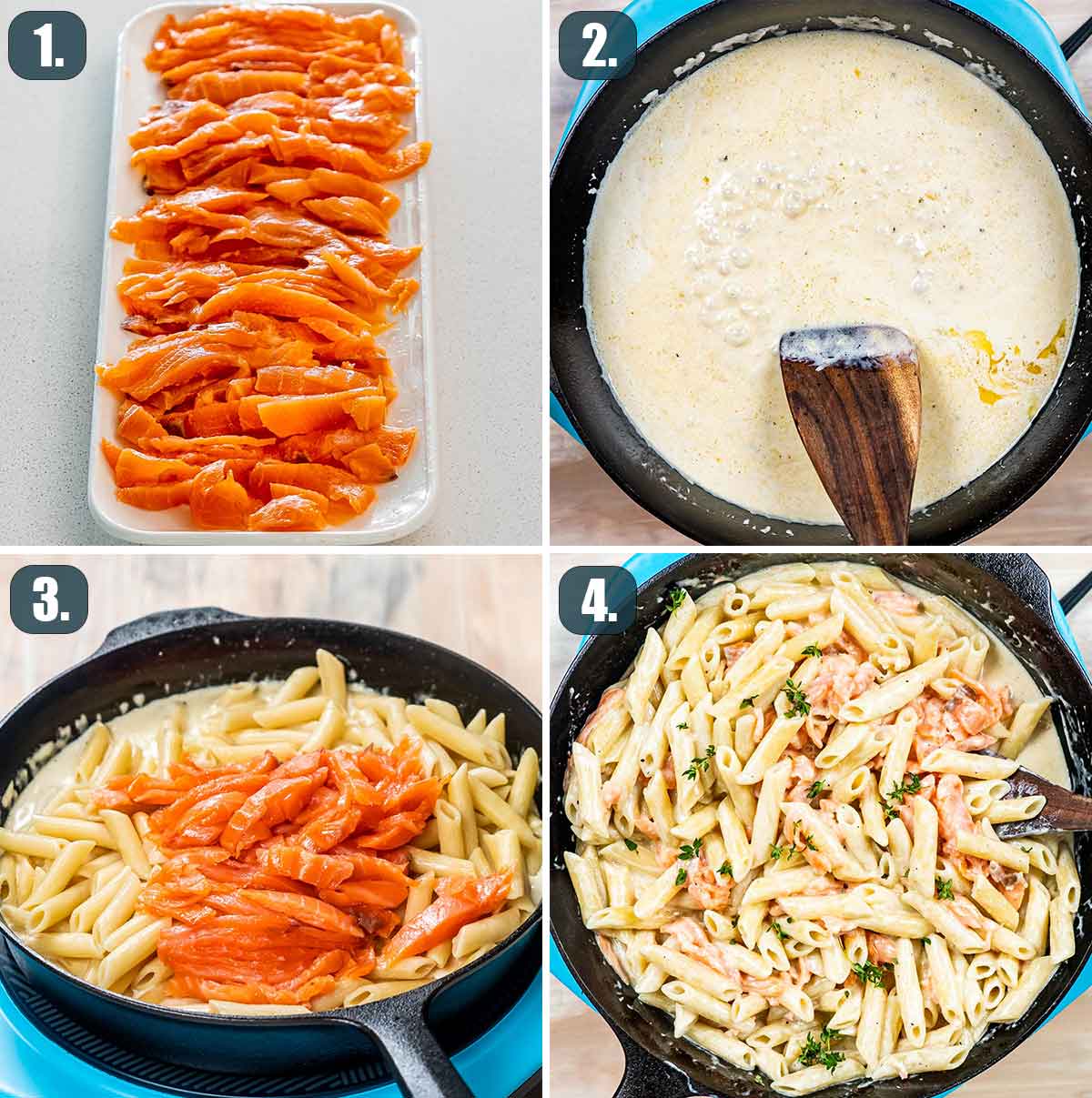 detailed process shots showing how to make alfredo salmon pasta.