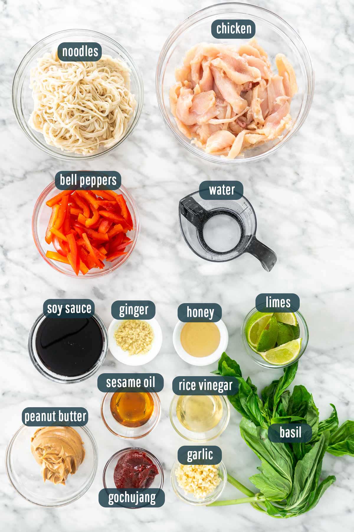 overhead shot of ingredients needed to make spicy peanut noodles