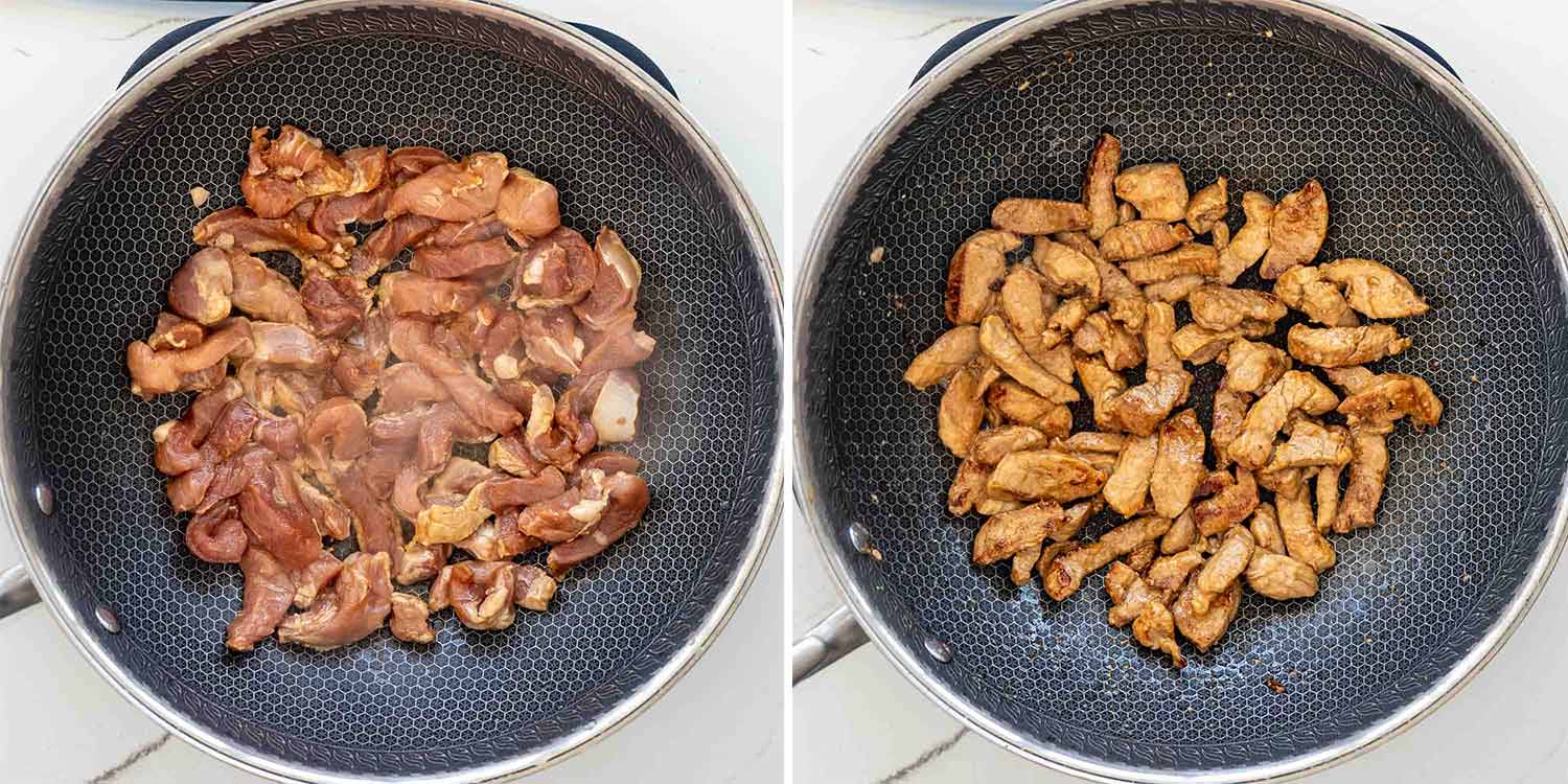 process shots showing how to make szechuan pork.