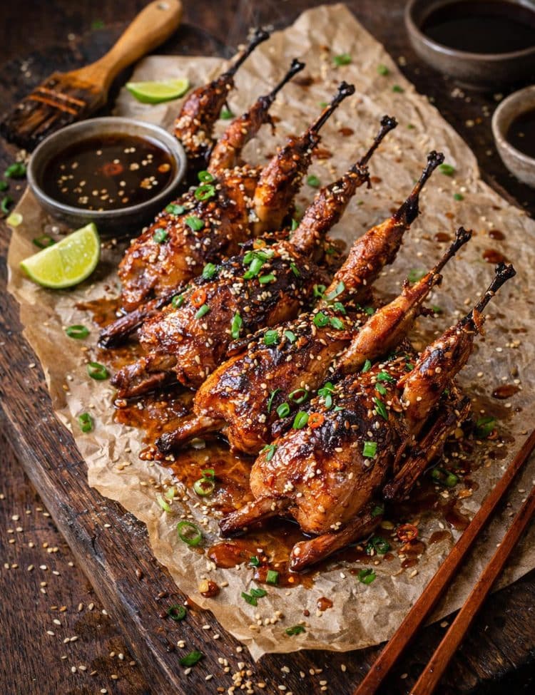 Asian style roasted quails glazed with soy sauce and sesame, served on parchment with chopsticks and dipping sauce.