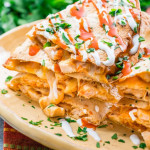 side view shot of a stack of buffalo chicken quesadillas on a plate