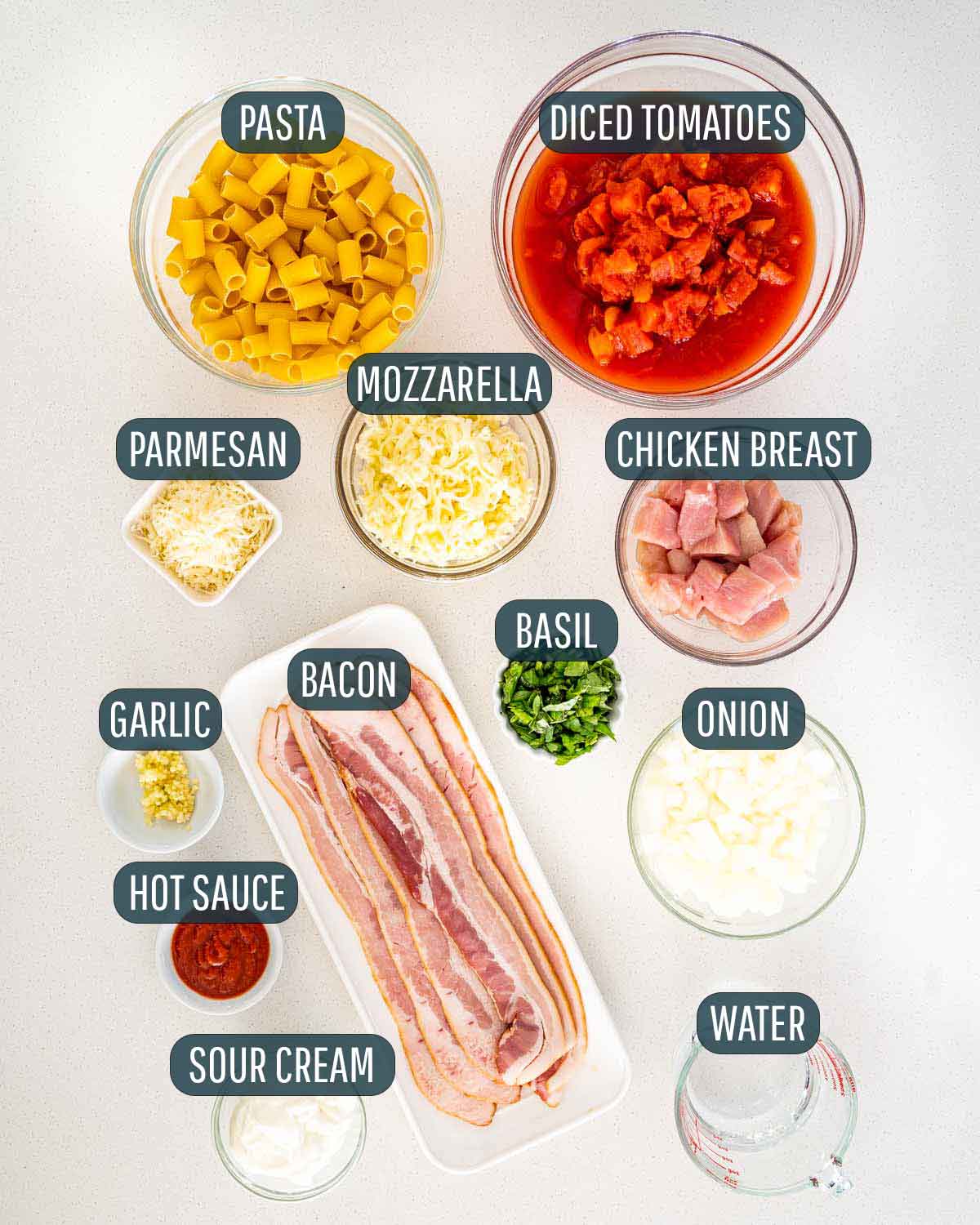 overhead shot of ingredients needed to make chicken with blush sauce pasta.