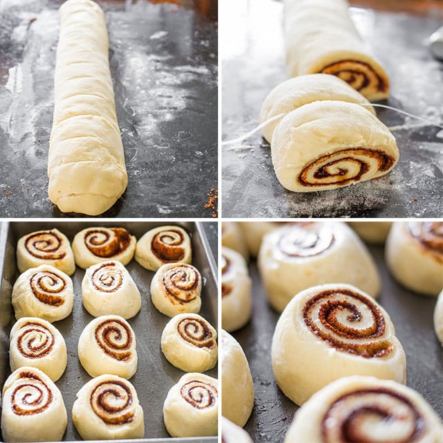 photo collage of cutting cinnamon roll and placing it in baking pan