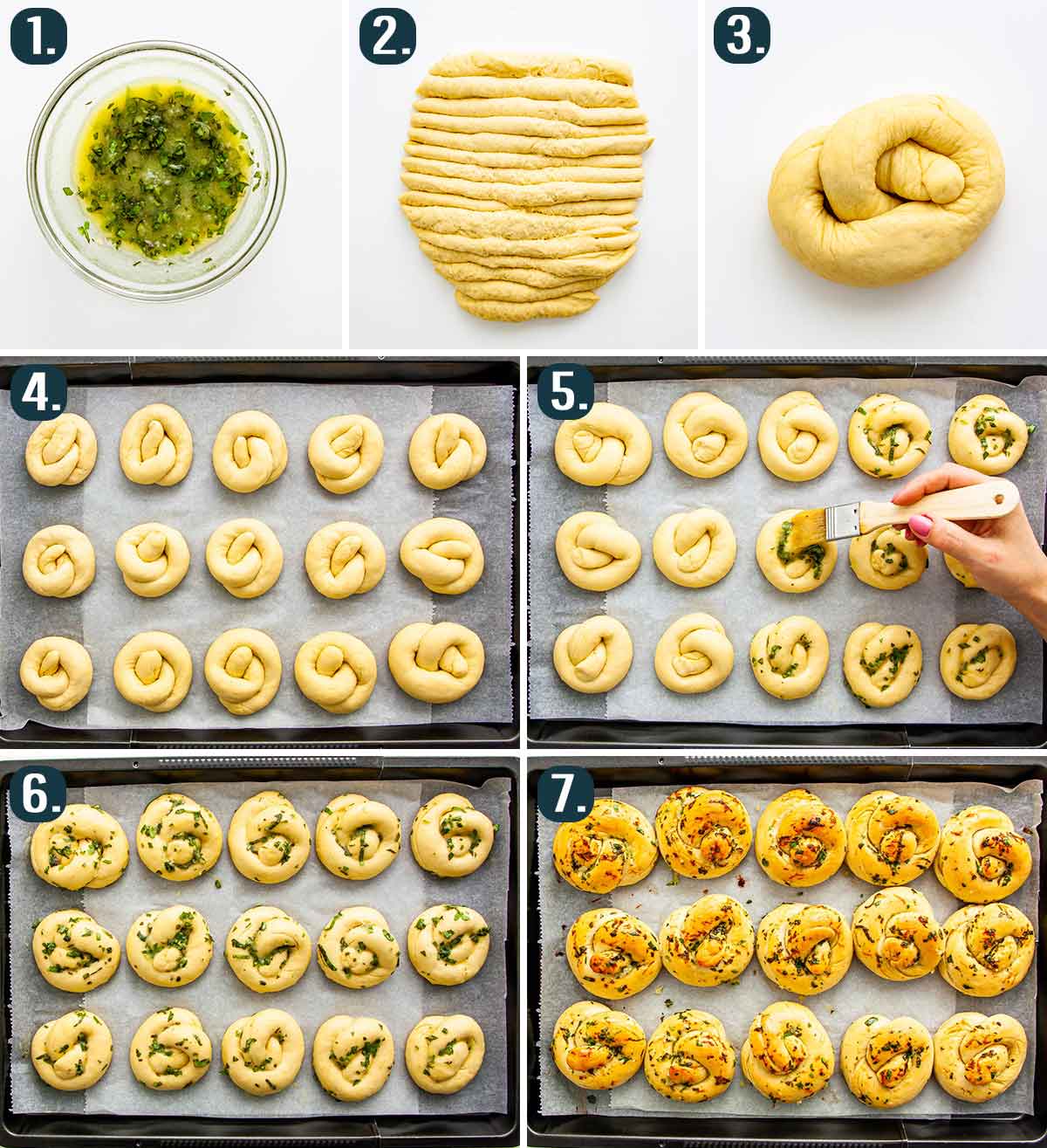 detailed process shots showing how to assemble garlic basil knots and bake them