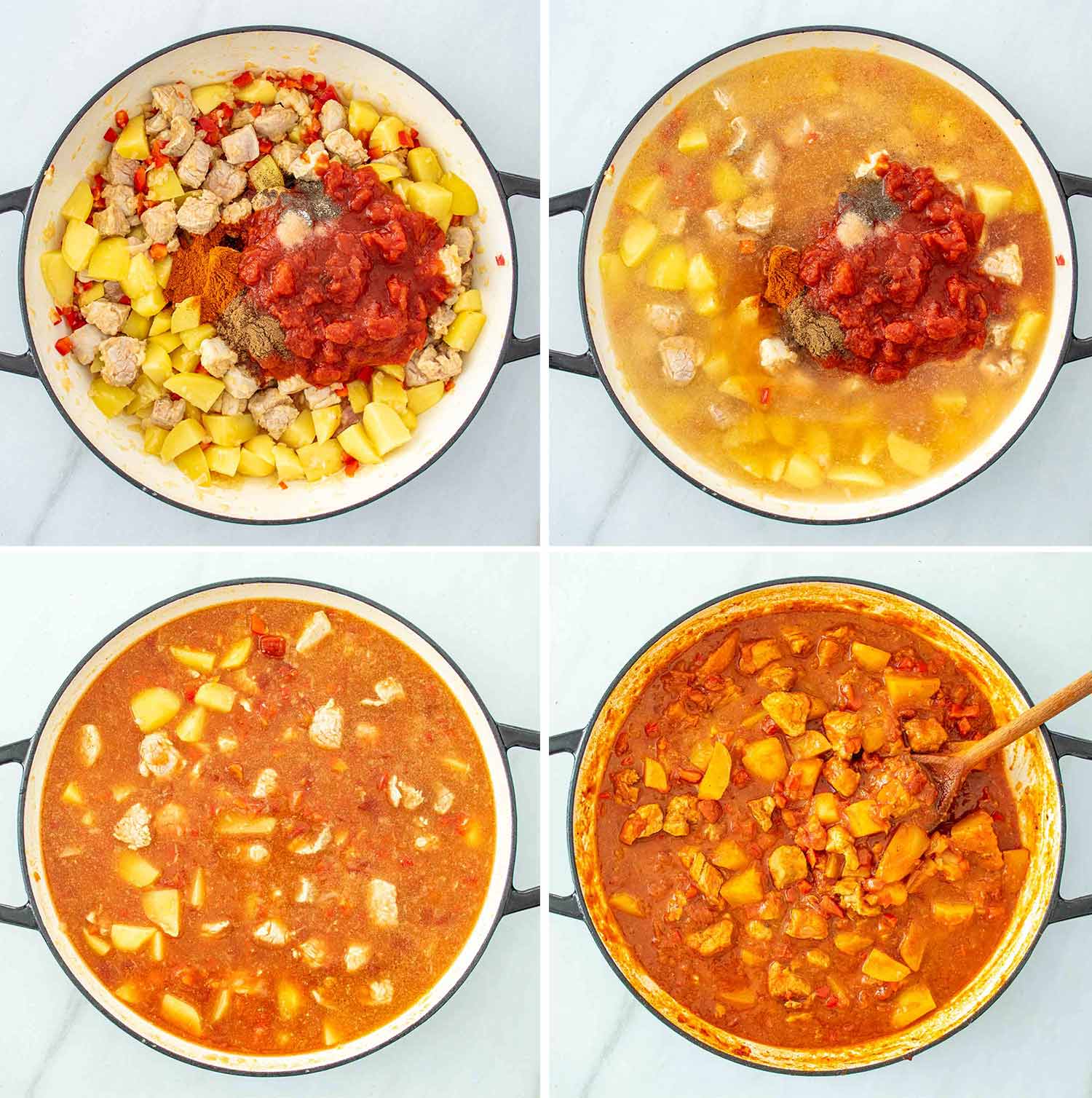 process shots showing how to make pork and potato stew.