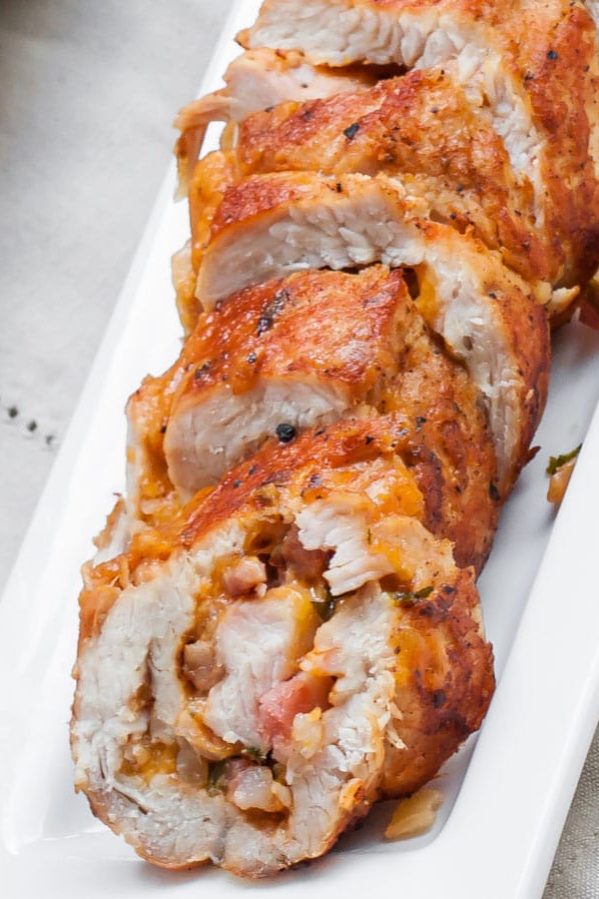 sliced turkey breast stuffed with bacon and cheese