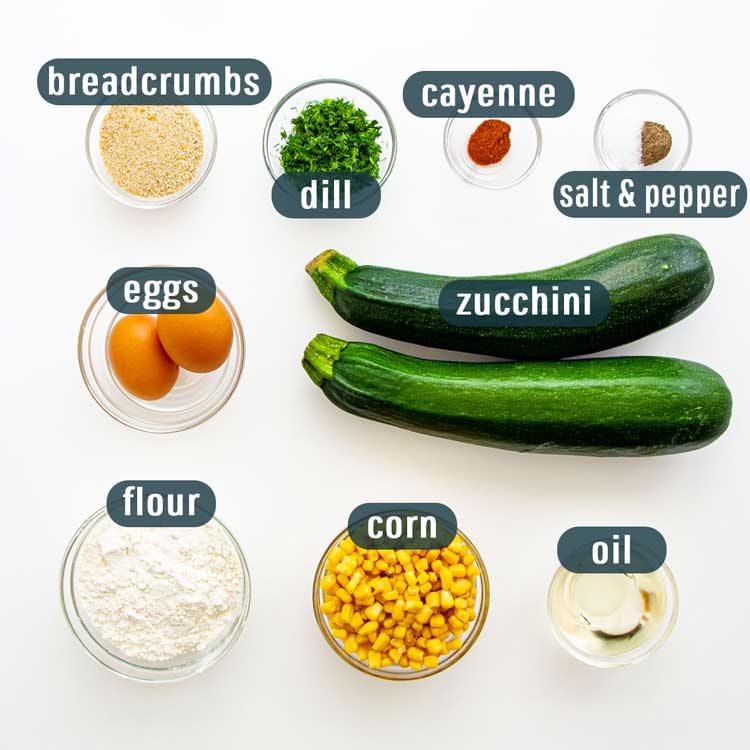 overhead shot of all ingredients needed to make zucchini corn fritters