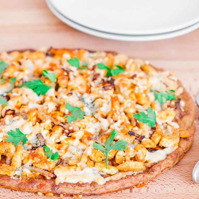 Finished Buffalo Chicken and Caramelized Onions Pizza on Cauliflower Crust