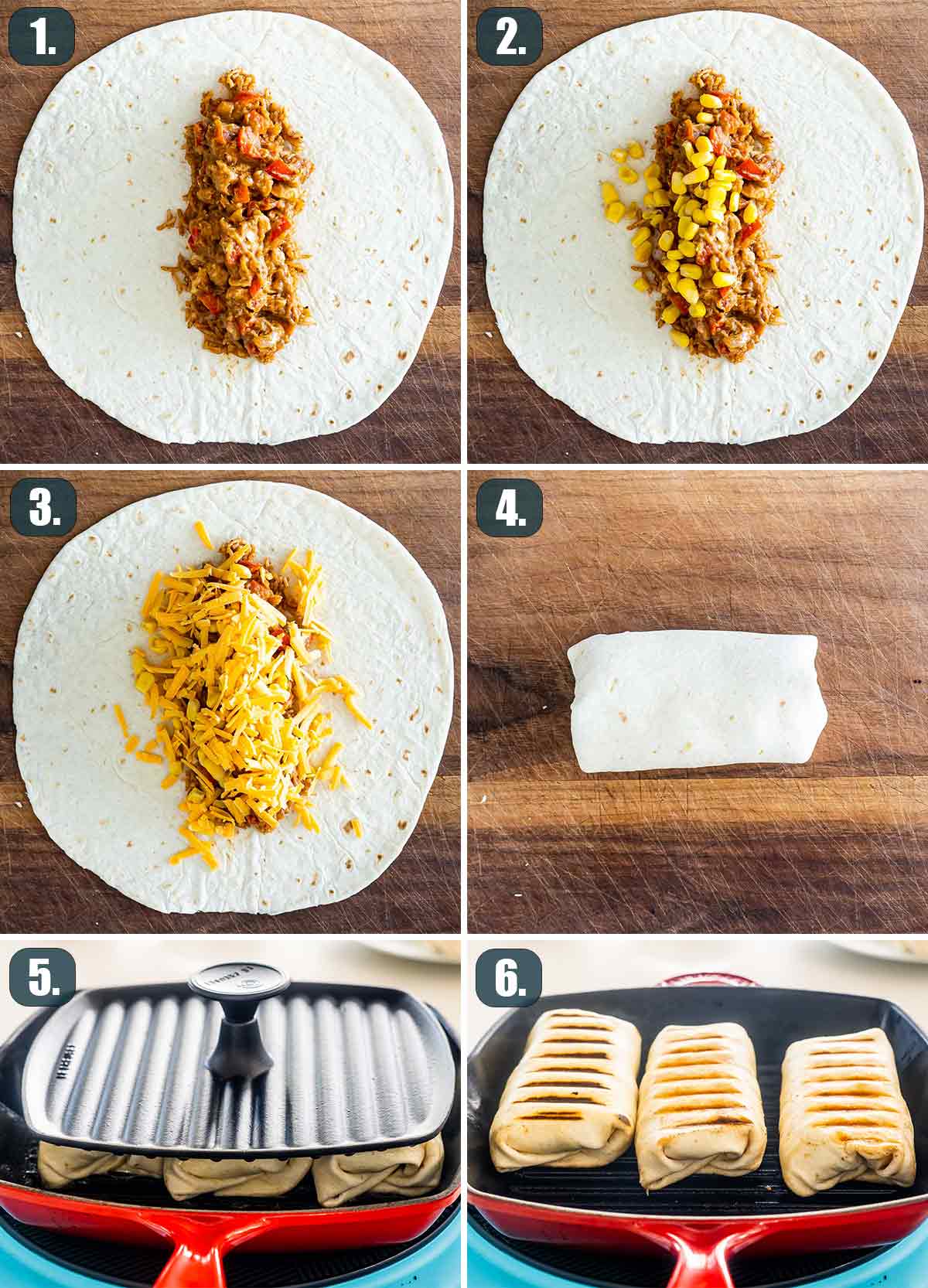 process shots showing how to assemble chicken burritos.