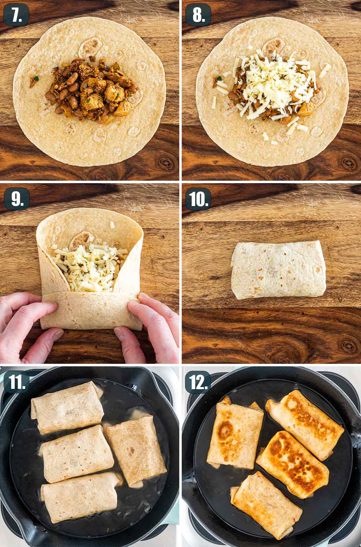 process shots showing how to fold and fry chimichangas.