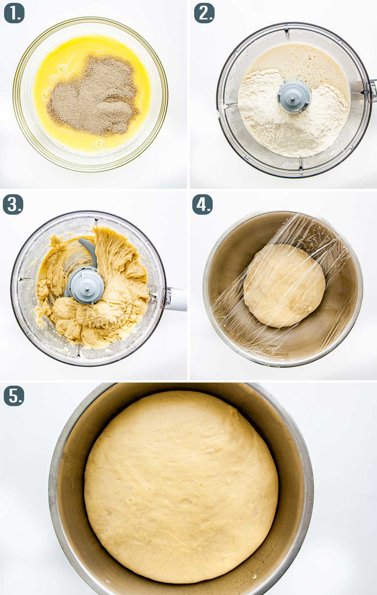 detailed process shots showing how to make dough for cinnamon bread.