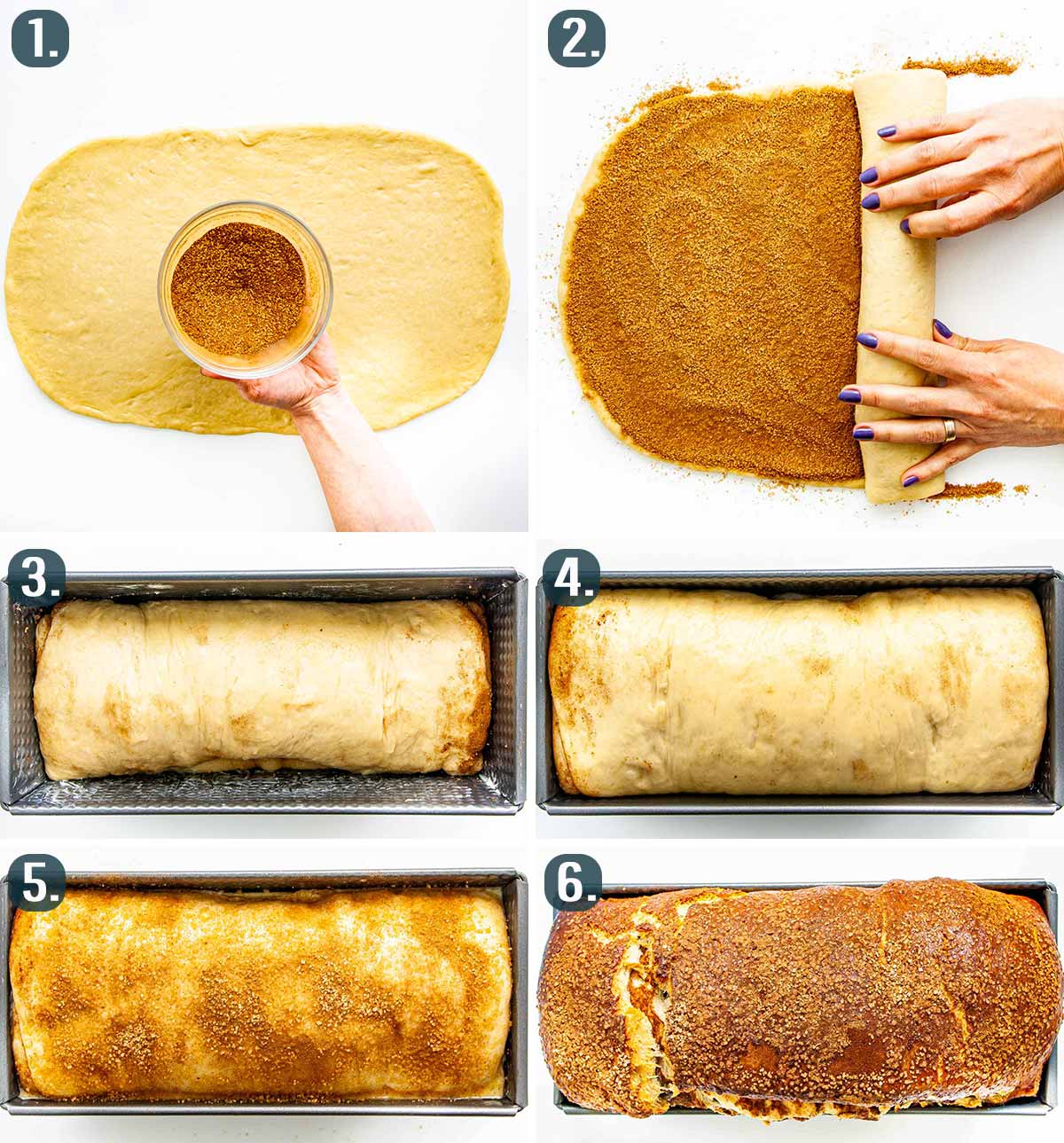 detailed process shots showing how to assemble cinnamon bread.