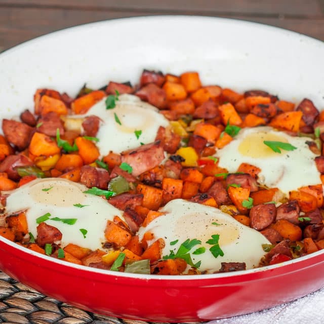 finished Sweet Potato Hash with Eggs in a skillet