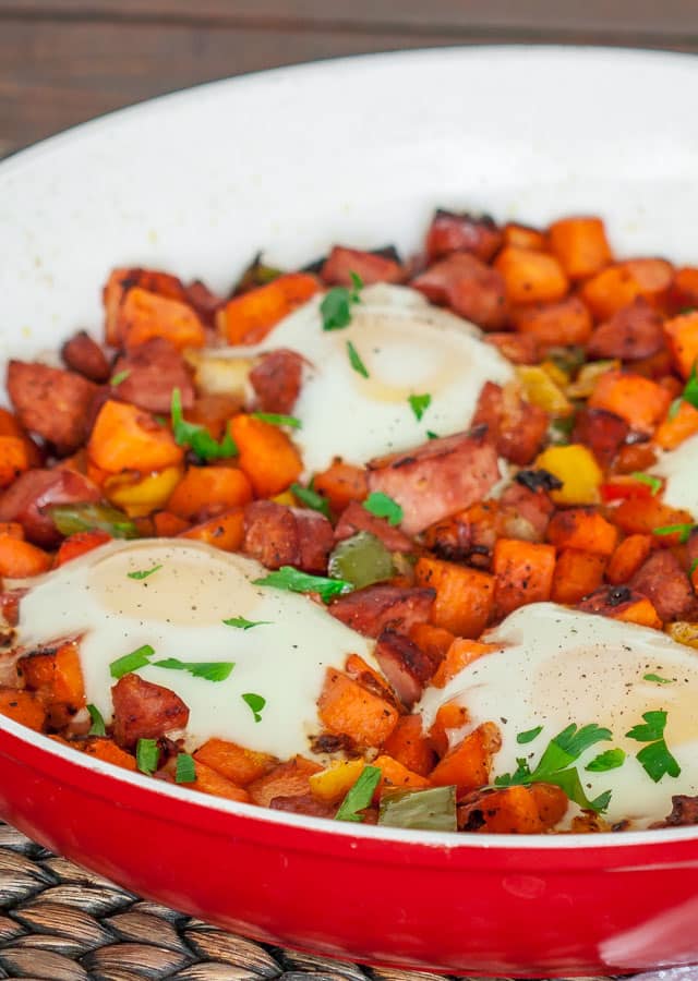 Close up shot of Sweet Potato Hash with Eggs