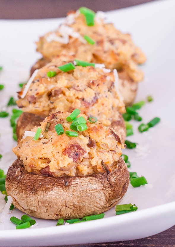 Close up shot of Bacon and Cream Cheese Stuffed Mushrooms