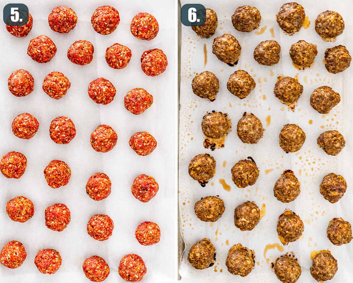 side by side shots of before and after baking italian meatballs.