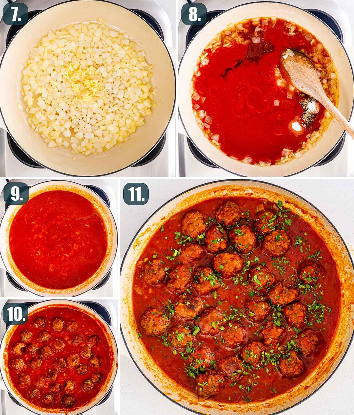 process shots showing how to make sauce for italian meatballs.