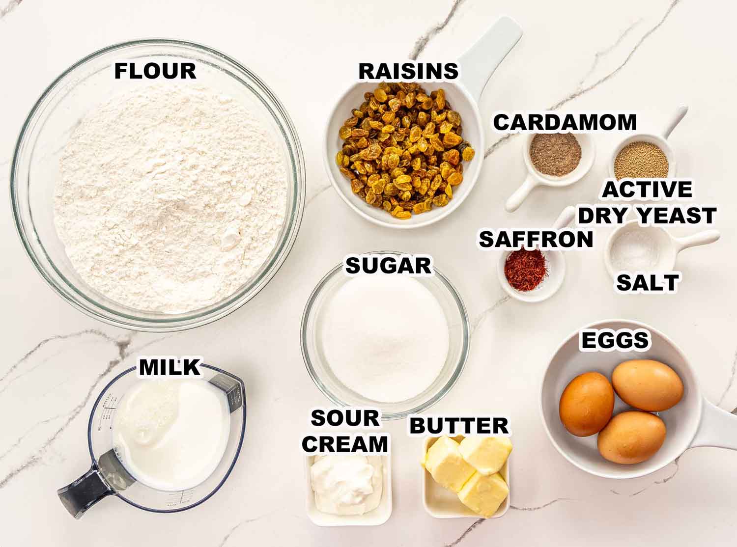 ingredients needed to make saffron buns.